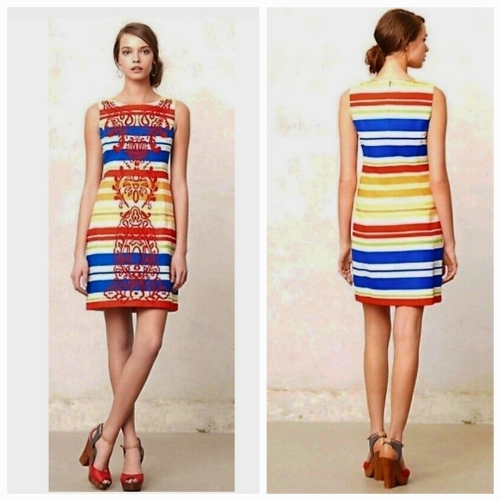 Anthro Tabitha Embroidered Rainbow Striped Totem Dress